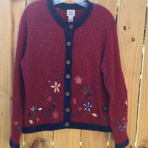 Vintage 90s Koret City Blues Wool Cottagecore Sweater Cardigan Large Red Blue
